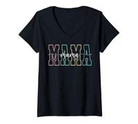 Women's Mama Retro Pastel Varsity Outline Lettering Mother’s Day V-Neck T-Shirt
