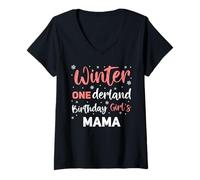 Womens Mama Winter Onederland 1st Birthday Snowflake Matching V-Neck T-Shirt