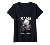Women's Mama Wolf Raising a Wildflower Howling Moon Graphic V-Neck T-Shirt