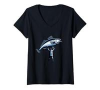 Womens Man Catches First Fish Award Trophy Fishing V-Neck T-Shirt