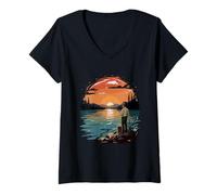 Womens Man Fishing Lake Sunset Nature Outdoor Recreation Peaceful V-Neck T-Shirt