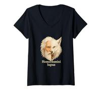 Womens Man Is a Wolf to Man Homo Homini Lupus Latin Quote V-Neck T-Shirt