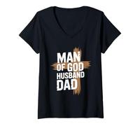 Womens Man Of God Husband Dad Religious Cross Father's Day Faith V-Neck T-Shirt