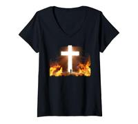 Women's Man Running to Christian Cross of Jesus Christ in the Rock V-Neck T-Shirt