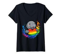 Womens Manatee Holding Heart Rainbow Flag Proud LGBT Supporter V-Neck T-Shirt