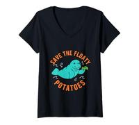 Women's Manatee Save The Floaty Potatoes Funny Chubby Mermaid V-Neck T-Shirt