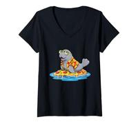 Women's Manatee Surfing on Pizza Slice Summer V-Neck T-Shirt
