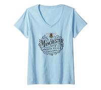 Women's Manchester North West England Bee Ornate Black Lettering V-Neck T-Shirt