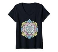 Womens Mandala Lotus Buddha Zen Art Botanical Succulent Floral Boho V-Neck T-Shirt