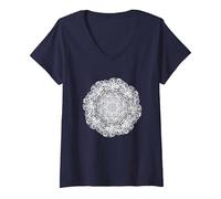Women's Mandala Nature Lovers Mandalas Yoga Art V-Neck T-Shirt, Navy Blue, Medium