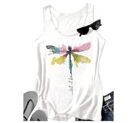 Womens Mandala Vintage Graphic Racerback Tank Tops Summer Casual Loose O-Neck Tanks Vest Vacation Classic-Fit Shirt Cami, Dragonfly White, S