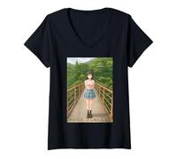 Womens Manga Girl Rope Bridge Positive Overcoming Fear Japanese Mes V-Neck T-Shirt