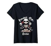 Womens Manifest Align Receive Spiritual Skeleton Skulls V-Neck T-Shirt