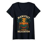 Womens Manifest Relaxation Palm Trees Sunset Vibe V-Neck T-Shirt