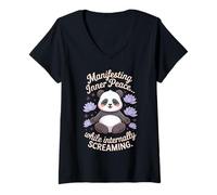 Women's Manifesting Inner Peace While Screaming Funny Panda V-Neck T-Shirt