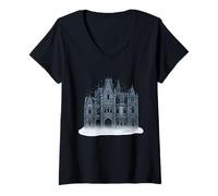 Womens Mansion Gothic Manor Fog Bats V-Neck T-Shirt
