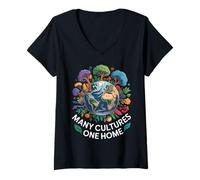 Women's Many Cultures One Home Earth Globe Unity V-Neck T-Shirt