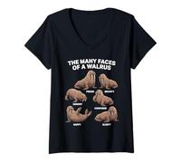 Women's Many Faces of A Walrus Funny Walrus Lover Ocean Animal V-Neck T-Shirt
