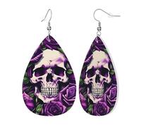 Womens many Purple Rose Skull Print Leather Earrings Teardrop Dangle Earrings Jewelry Outfits Accessories