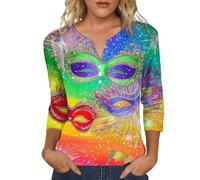 Womens Mardi Gras Carnival Blouse New Orleans Carnival Shirt Colorful Print Parade Tops Trendy Crewneck Basic Tops, Red, L