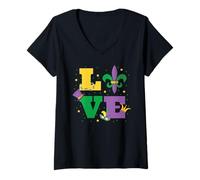 Women's Mardi Gras, Fleur de Lis, The Word Love V-Neck T-Shirt