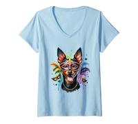 Women's Mardi Gras Manchester Terrier Dog V-Neck T-Shirt