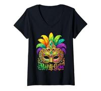 Women's Mardi Gras Mask Fleur De Lis Carnival Feather Art V-Neck T-Shirt