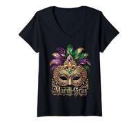 Women's Mardi Gras Mask Fleur De Lis Carnival Feathers Man Woman Kid V-Neck T-Shirt
