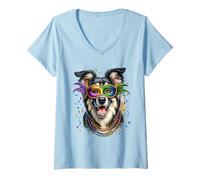 Women's Mardi Gras Romanian Carpathian Shepherd Dog V-Neck T-Shirt