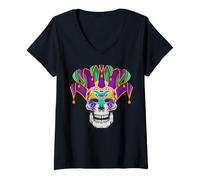 Womens Mardi Gras Sugar Skull Gifts Carnival New Orleans Gothic V-Neck T-Shirt
