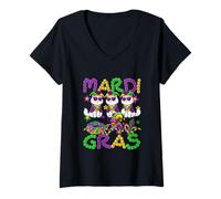 Women's Mardi Gras Three Cute Persian Cats Beads Jester Hat Owner V-Neck T-Shirt