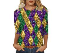 Women's Mardi Gras Tops Glitter Tricolor Sequins Print 3/4 Sleeve Shirts Crew Neck Casual Shirt Soft Fabric for Carnival Festival Party Wear Holiday Celebrations Fashion Outfit