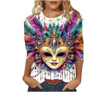 Women's Mardi Gras Tops Glitter Tricolor Sequins Print 3/4 Sleeve Shirts Crew Neck Casual Shirt Soft Fabric for Carnival Festival Party Wear Holiday Celebrations Fashion Outfit