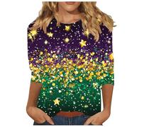 Women's Mardi Gras Tops Glitter Tricolor Sequins Print 3/4 Sleeve Shirts Crew Neck Casual Shirt Soft Fabric for Carnival Festival Party Wear Holiday Celebrations Fashion Outfit