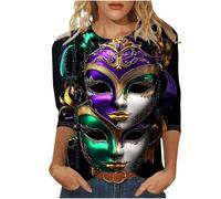 Women's Mardi Gras Tops Glitter Tricolor Sequins Print 3/4 Sleeve Shirts Crew Neck Casual Shirt Soft Fabric for Carnival Festival Party Wear Holiday Celebrations Fashion Outfit