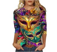 Women's Mardi Gras Tops Glitter Tricolor Sequins Print 3/4 Sleeve Shirts Crew Neck Casual Shirt Soft Fabric for Carnival Festival Party Wear Holiday Celebrations Fashion Outfit