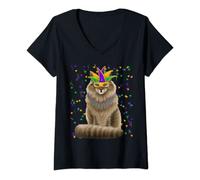Womens Mari Gras cat in a mask and beads V-Neck T-Shirt