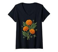 Women's Marigold Floral Bouquet Celestial Botanical V-Neck T-Shirt