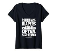 Women's Mark Twain Politicians and Diapers Must Be Changed Often Wht V-Neck T-Shirt