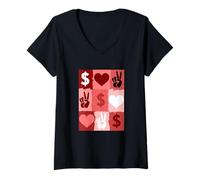 Womens Maroon Red Burgundy Color Peace Love Money Grid Burgundy V-Neck T-Shirt