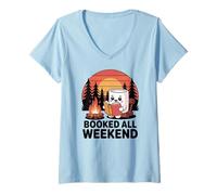 Women's Marshmallow On Campfire Book Reading Weekend Camping V-Neck T-Shirt