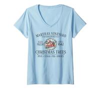Womens Martha's Vineyard MA Christmas Trees Red Truck Black Letters V-Neck T-Shirt