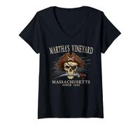 Women's Martha's Vineyard MA Pirate Skull Since 1642 Ivory V-Neck T-Shirt