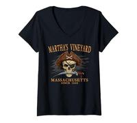 Women's Martha's Vineyard MA Pirate Skull Since 1642 Orange V-Neck T-Shirt