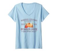 Womens Martha's Vineyard MA Pumpkin Patch Fall Burgundy Letters V-Neck T-Shirt