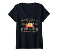 Womens Martha's Vineyard MA Pumpkin Patch Fall Tan Letters V-Neck T-Shirt