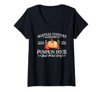 Womens Martha's Vineyard MA Pumpkin Patch Fall White Letters V-Neck T-Shirt