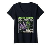 Womens Martian Invasion Alien Movie Poster Vintage Halloween V-Neck T-Shirt