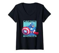 Womens Marvel Cosmic Invasion Captain America Retro Pixel Graphics V-Neck T-Shirt