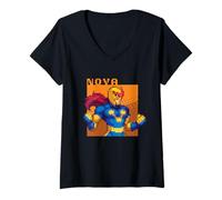 Womens Marvel Cosmic Invasion Game Nova Retro Pixel Graphics V-Neck T-Shirt